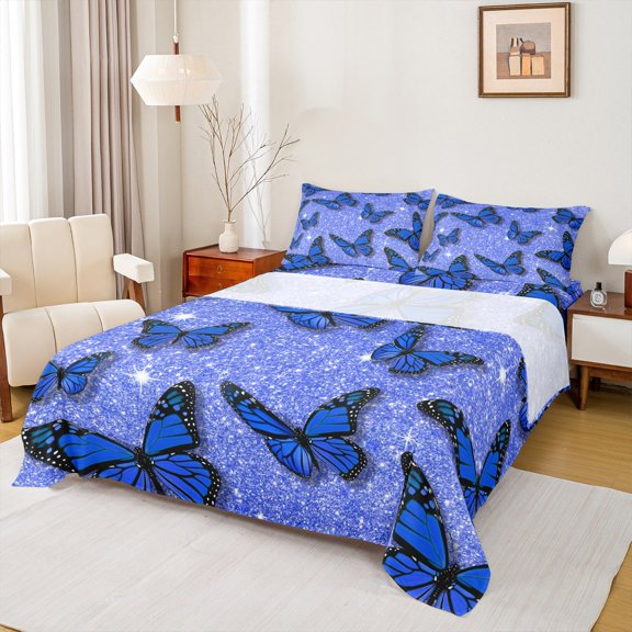 Feelyou Romantic Fashion Butterfly Queen Sheet Sets, Glitter Sequin Print Blue Flat Sheet, Kawaii Animal Queen Fitted Sheet, Microfiber Bedroom Decor, 4-Piece