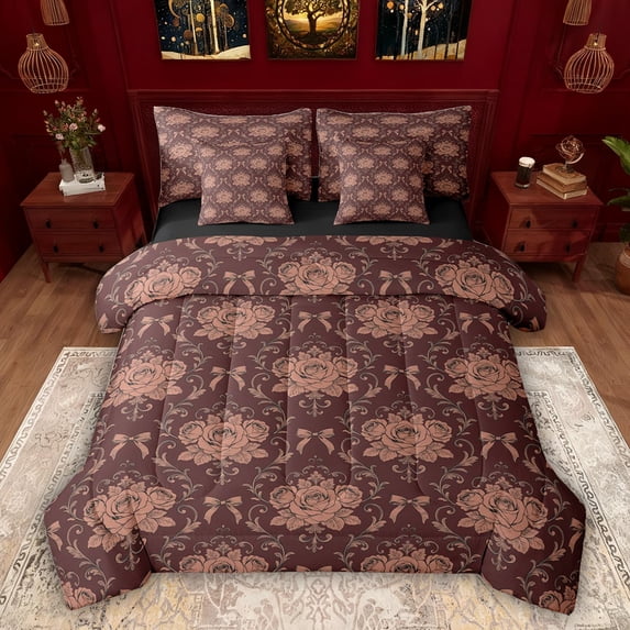 Feelyou Romantic Floral Rose Twin Bedding Sets 7pcs, Western Damask Women Comforter Set