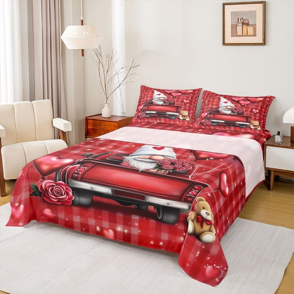 Feelyou Romantic Gnome Bed Sheets, Couple Valentine's Day King Sheets, 4 Pieces