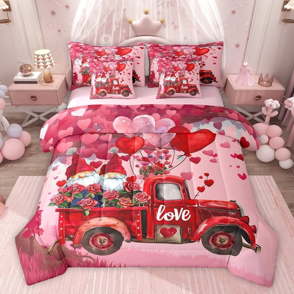 Feelyou Romantic Gnome Kids Bedding Comforter Set 7pcs, Love Heart Balloon King Bedding Sets, Rose Floral Truck Reversible Bed Sheets, Microfiber Bedroom Decor