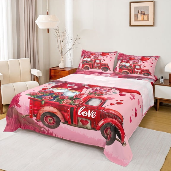 Feelyou Romantic Gnome Kids Twin Sheet Sets, Love Heart Balloon Twin Fitted Sheet, Rose Floral Truck Flat Sheet, Microfiber Bedroom Decor, 3 Pieces