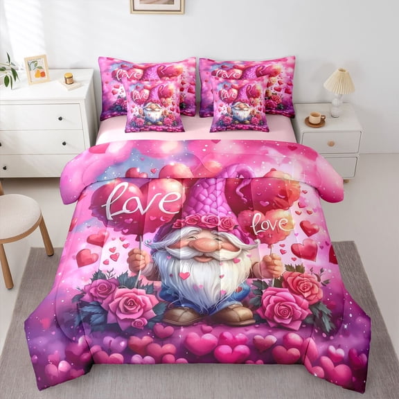 Feelyou Romantic Gnome Rose Twin Bedding Sets 7pcs, Love Heart Balloon Comforter Set