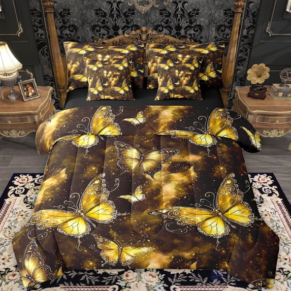 Feelyou Romantic Gold Butterfly Bedding Comforter Set 7 Pieces, Glitter Stars Starry Sky Full Bedding Set, Dreamy Animal Reversible Fitted Sheet Flat Sheet, Super Cozy Room Decor