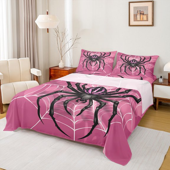 Feelyou Romantic Gothic Animal Bed Sheets, Pink Spider Web King Sheets, Teens Kids Boys Girls Sheet Set, Luxury Bedroom Decor, 4pcs