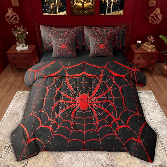 Feelyou Romantic Gothic Animal Bedding Comforter Set 7 Pieces, Black Red Spider Web Full Bedding Set, Teens Kids Boys Girls Reversible Fitted Sheet Flat Sheet, Ultra Soft Bedroom Decor