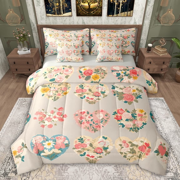 Feelyou Romantic Love Heart Bedding Comforter Set 7pcs, Vintage Rose Floral Queen Bedding Sets, Fashion Cartoon Theme Reversible Queen Sheet Sets, Breathable Home Decor