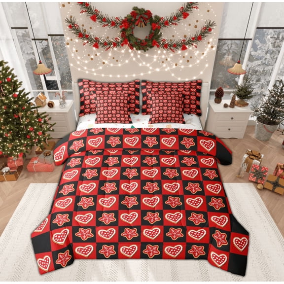 Feelyou Romantic Love Heart Bedding Comforter Set 7pcs, Winter Christmas Snowflake Queen Bedding Sets, Kawaii Cartoon Buffalo Reversible Queen Sheet Sets, Super Cozy Room Decor