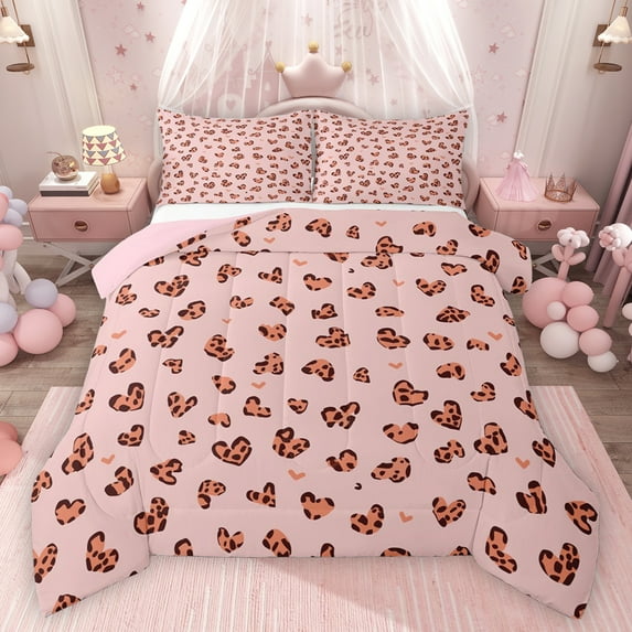 Feelyou Romantic Love Heart Bedding Comforter Set, Fashion Leopard Cheetah Print Twin Comforter Sets, Teens Kids Girls Women Reversible Bedding Set, Ultra Soft Bedroom Decor, 2 Pieces