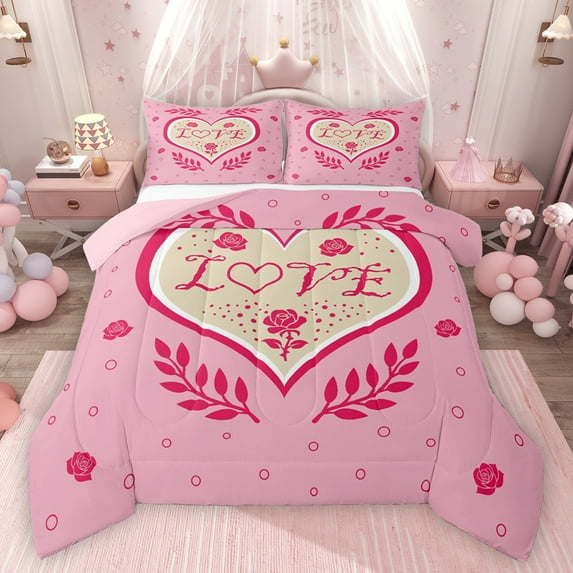Feelyou Romantic Love Heart Bedding Comforter Set for Kids, Valentines Day Rose Twin Comforter Sets, Princess Cartoon Pink Reversible Bedding Set, Microfiber Bedroom Decor, 2-Piece