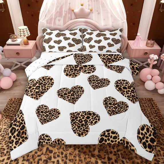 Feelyou Romantic Love Heart Full Size Comforter Sets, Leopard Print Bedding Sets, 3pcs