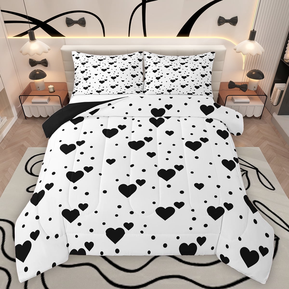 Feelyou Romantic Love Heart Full Size Comforter Sets, White Black Bedding Comforter Set, Teesn Kids Girls Women Reversible Bedding Sets, Lightweight Room Decor, 3 Pieces