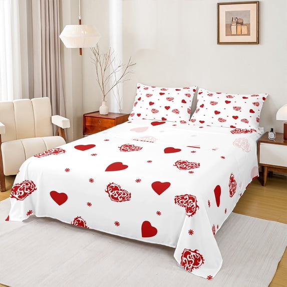Feelyou Romantic Love Heart Full Size Sheets, Red Cartoon Flower Bed Sheets, Teens Kids Boys Girls Sheet Sets, Breathable Home Decor, 4pcs