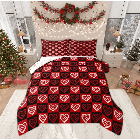 Feelyou Romantic Love Heart Queen Comforter Set, Winter Christmas Snowflake Bedding Sets, Kawaii Cartoon Buffalo Reversible Bedding Comforter Set, Lightweight Room Decor, 3 Pieces