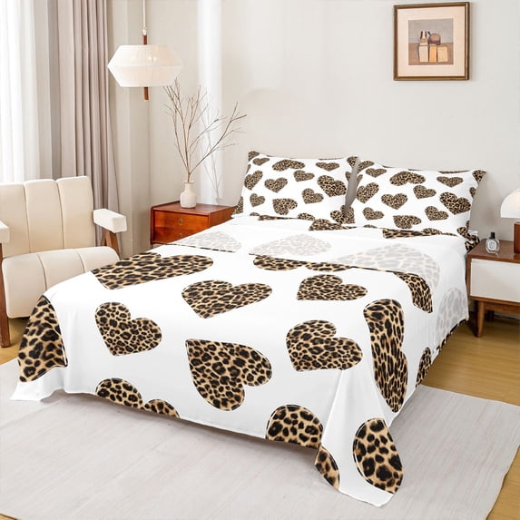 Feelyou Romantic Love Heart Queen Sheet Sets, Leopard Cheetah Print Bed Set, 4 Pieces