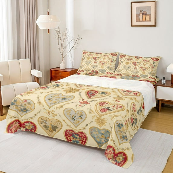 Feelyou Romantic Love Heart Queen Sheet Sets, Vintage Rose Floral Flat Sheet, Bohemian Western Theme Queen Fitted Sheet, Lightweight Room Decor, 4 Pieces