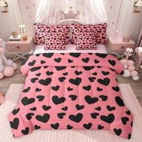 Feelyou Romantic Love Heart Twin Bedding Sets 7-Piece, Fashion Abstract Polkadots Bedding Comforter Set, Teens Kids Girls Women Reversible Sheet Sets, Microfiber Bedroom Decor
