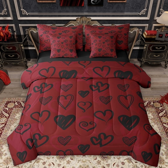Feelyou Romantic Love Heart Twin Bedding Sets 7-Piece for Girl, Red Cartoon Bedding Comforter Set, Couple Anniversary Theme Reversible Sheet Sets, Luxury Bedroom Decor