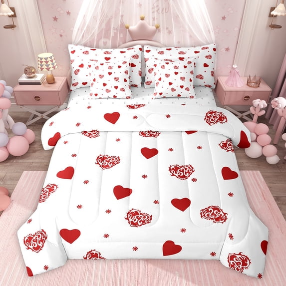 Feelyou Romantic Love Heart Twin Bedding Sets 7-Piece, Red Cartoon Flower Bedding Comforter Set, Teens Kids Boys Girls Reversible Sheet Sets, Breathable Home Decor