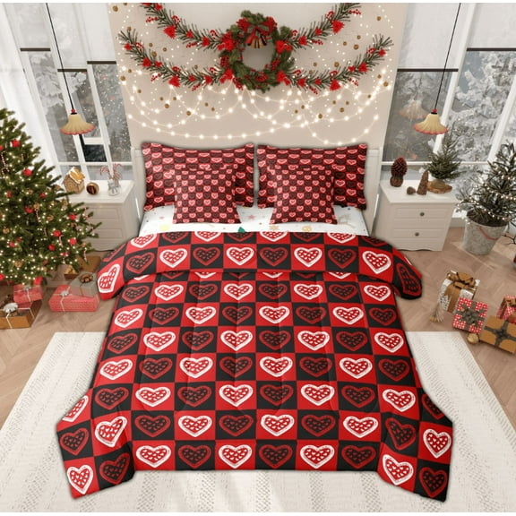 Feelyou Romantic Love Heart Twin Bedding Sets 7-Piece, Winter Christmas Snowflake Bedding Comforter Set, Kawaii Cartoon Buffalo Reversible Sheet Sets, Lightweight Room Decor