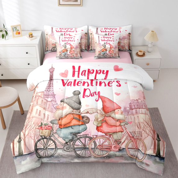 Feelyou Romantic Paris Gnome Bedding Comforter Set 7pcs, Valentine's Day King Bedding Sets