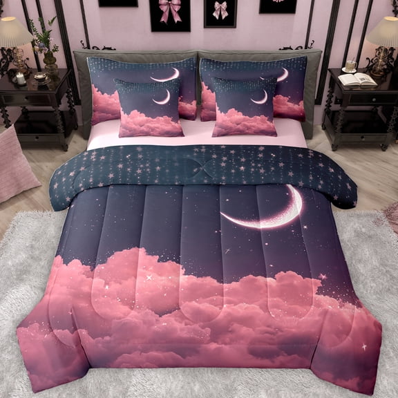 Feelyou Romantic Pink Cloud Twin Bedding Sets 7-Piece, Mystic Galaxy Moon Bedding Comforter Set, Glitter Dreamy Stars Print Reversible Sheet Sets, Super Cozy Room Decor