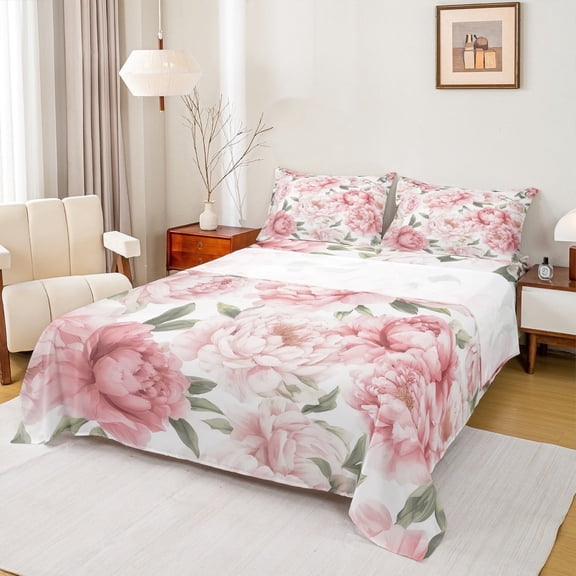 Feelyou Romantic Pink Flower Twin Sheet Sets, Vintage Floral Fashion Twin Fitted Sheet, Southwestern Flat Sheet, Breathable Home Decor, 3 Pieces