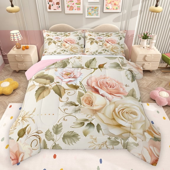 Feelyou Romantic Pink Rose Queen Comforter Set, Bohemian Flower Floral Bedding Sets, Western Vintage Fashion Reversible Bedding Comforter Set, Luxury Bedroom Decor, 3 Pieces