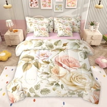 Feelyou Romantic Pink Rose Twin Bedding Sets 7-Piece, Bohemian Flower Floral Bedding Comforter Set, Western Vintage Fashion Reversible Sheet Sets, Luxury Bedroom Decor