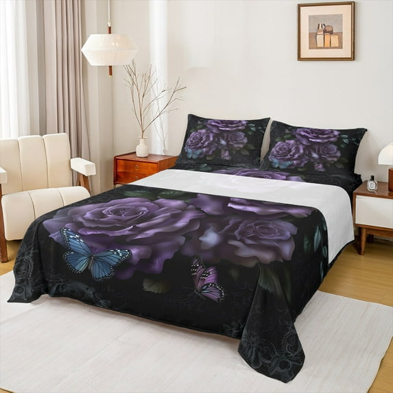 Feelyou Romantic Purple Rose Twin Sheet Sets, Fashion Anniversary Twin Fitted Sheet, Floral Flower Flat Sheet, Luxury Bedroom Decor, 3 Pieces