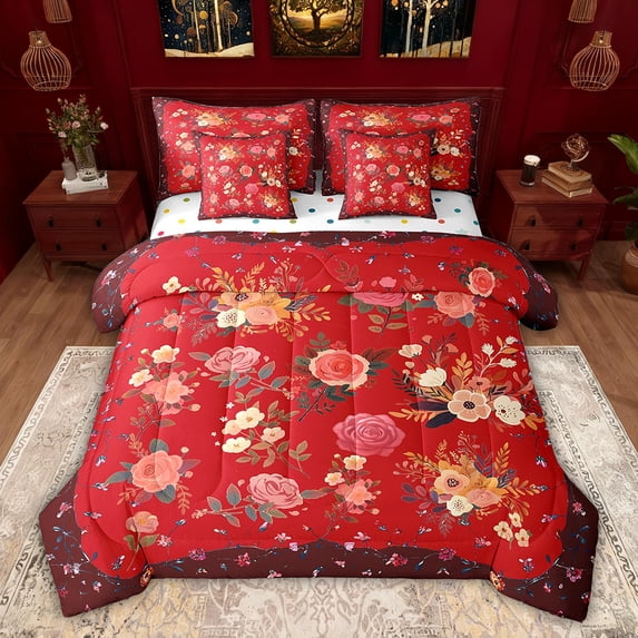 Feelyou Romantic Red Rose Bedding Comforter Set 7 Pieces for Girl, Spring Flower Botanical Full Bedding Set, Retro French Style Reversible Fitted Sheet Flat Sheet, Breathable Home Decor