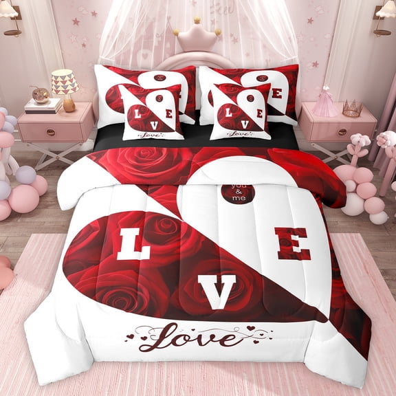 Feelyou Romantic Red Rose Bedding Comforter Set 7pcs, Anniversary Love Heart Queen Bedding Sets, Teens Adult Couple Lover Reversible Queen Sheet Sets, Microfiber Bedroom Decor