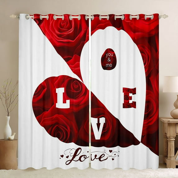 Feelyou Romantic Red Rose Black Out Curtains, Anniversary Love Heart Curtains Pack of 2 (42x63 Each), Teens Adult Couple Lover Bedroom Curtains, Window Curtains Bedroom Decor