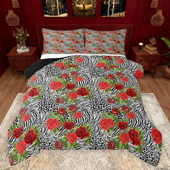 Feelyou Romantic Red Rose Queen Comforter Set for Girl, Fashion Zebra Print Bedding Sets, Happy Valentine's Day Reversible Bedding Comforter Set, Microfiber Bedroom Decor, 3 Pieces