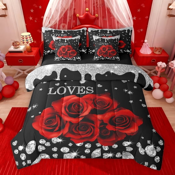 Feelyou Romantic Red Rose Twin Bedding Sets 7-Piece, Dreamy Sequin Print Grey Bedding Comforter Set, Couple Anniversary Theme Reversible Sheet Sets, Breathable Home Decor