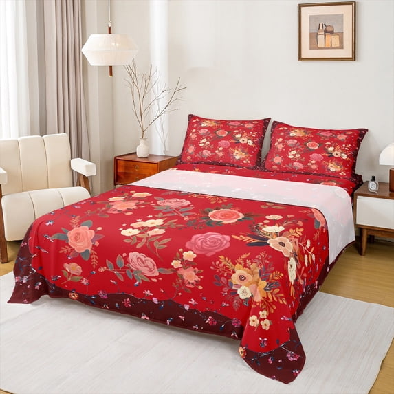 Feelyou Romantic Red Rose Twin Sheet Sets for Girl, Spring Flower Botanical Twin Fitted Sheet, Retro French Style Flat Sheet, Breathable Home Decor, 3-Piece