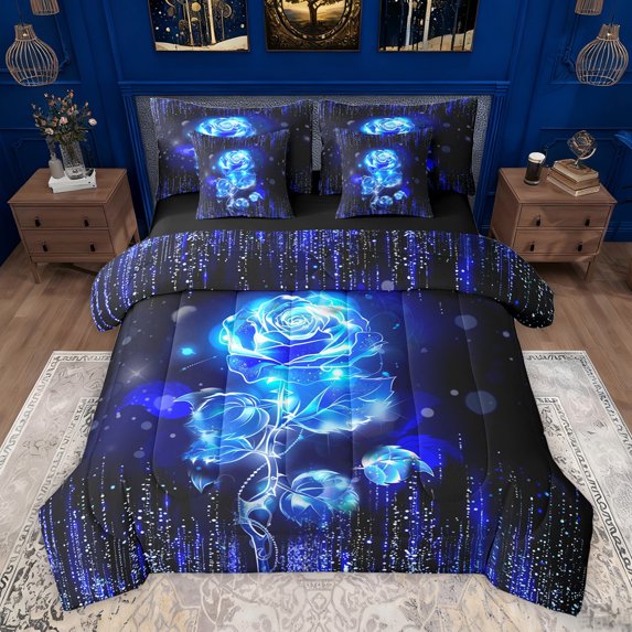 Feelyou Romantic Rose Floral Bedding Comforter Set 7pcs for Couple, Happy Valentine's Day Queen Bedding Sets, Modern Fashion Stripes Reversible Queen Sheet Sets, Ultra Soft Bedroom Decor