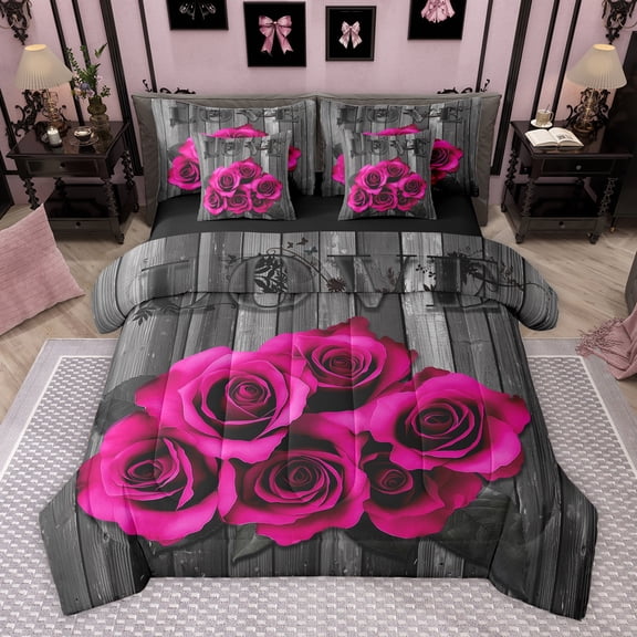 Feelyou Romantic Rose Floral Bedding Comforter Set 7pcs, Rustic Farmhouse King Bedding Sets, Teens Adult Women Girls Reversible Bed Sheets, Breathable Home Decor