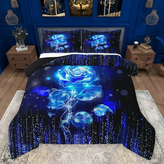 Feelyou Romantic Rose Floral Queen Comforter Set for Couple, Happy Valentine's Day Bedding Sets, Modern Fashion Stripes Reversible Bedding Comforter Set, Ultra Soft Bedroom Decor, 3-Piece