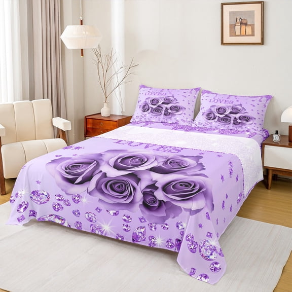 Feelyou Romantic Rose Flower Bed Sheets, Dreamy Sequin Print Purple King Sheets, Couple Anniversary Theme Sheet Set, Lightweight Room Decor, 4 Pieces