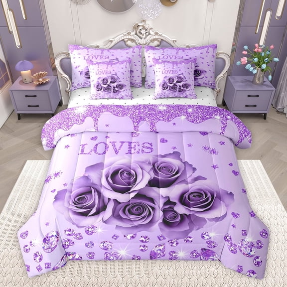 Feelyou Romantic Rose Flower Bedding Comforter Set 7 Pieces, Dreamy Sequin Print Purple Full Bedding Set, Couple Anniversary Theme Reversible Fitted Sheet Flat Sheet, Lightweight Room Decor