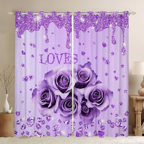 Feelyou Romantic Rose Flower Curtains Pack of 2 (42x84 Each), Dreamy Sequin Print Purple Curtains Blackout, Couple Anniversary Theme Bedroom Curtains, Curtains and Drapes Room Decor