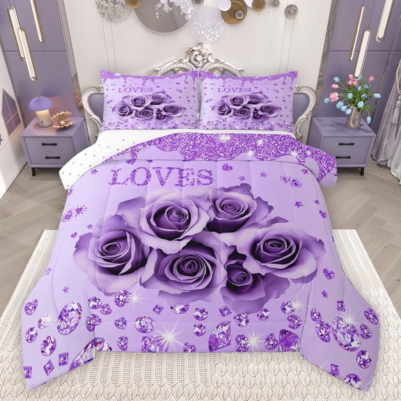 Feelyou Romantic Rose Flower Full Size Comforter Sets, Dreamy Sequin Print Purple Bedding Comforter Set, Couple Anniversary Theme Reversible Bedding Sets, Lightweight Room Decor, 3 Pieces