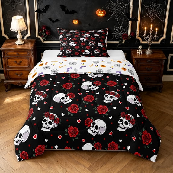 Feelyou Romantic Rose Skull Twin Comforter Sets, Cartoon Red Flower Bedding Set, Halloween Reversible, 2-Piece, 1 Comforter and 2 Pillowcases