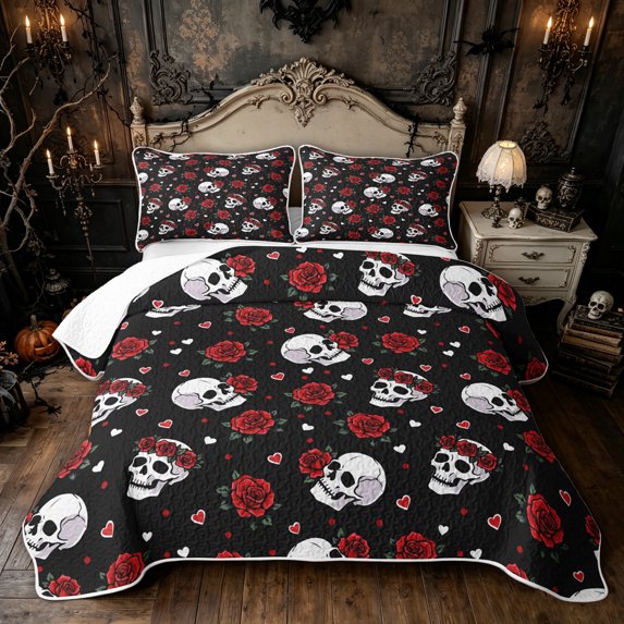 Feelyou Romantic Rose Skull Twin Quilt Set, Cartoon Red Flower Twin Coverlet Set, 2-Piece, 1 Comforter and 1 Pillowcase
