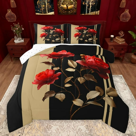 Feelyou Romantic Rose Women Bedding Comforter Set, Couple Anniversary Twin Comforter Sets, Modern Fashion Abstract Reversible Bedding Set, Microfiber Bedroom Decor, 2pcs