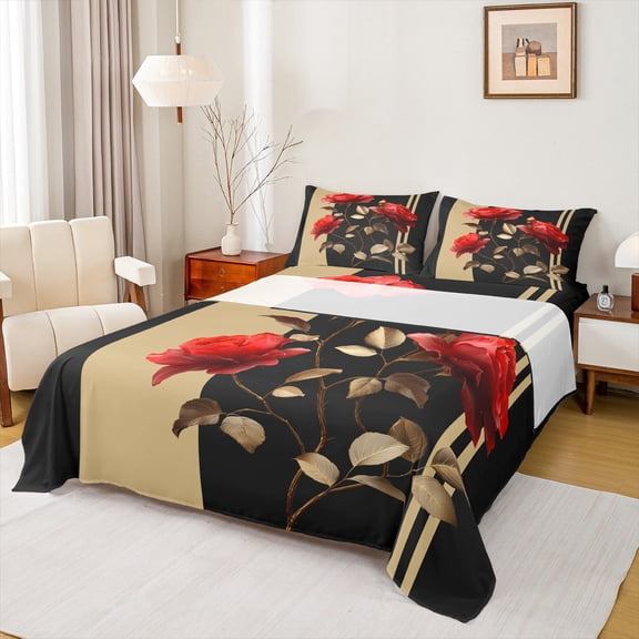 Feelyou Romantic Rose Women Twin Sheet Sets, Couple Anniversary Twin Fitted Sheet, Modern Fashion Abstract Flat Sheet, Microfiber Bedroom Decor, 3pcs