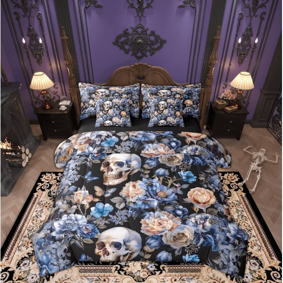 Feelyou Romantic Skeleton Twin Bedding Sets 7-Piece, Blue Flower Floral Bedding Comforter Set, Halloween Valentines Day Reversible Sheet Sets, Ultra Soft Home Decor