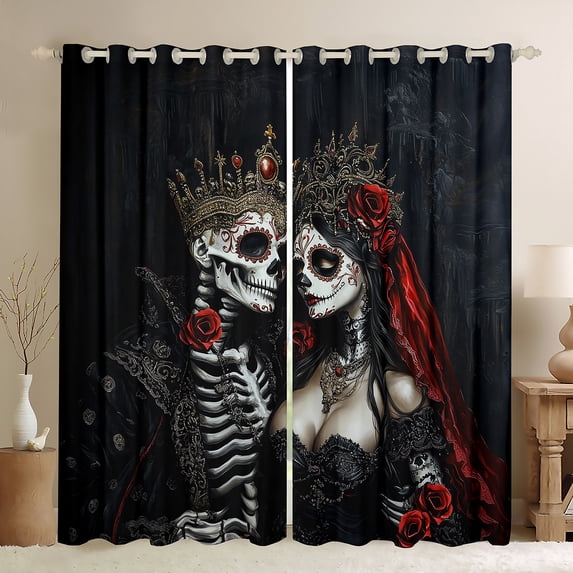 Feelyou Romantic Skull Bride Blackout Curtains Set of 2 (52x84 Each), Red Rose Anniversary Window Curtains, Gothic Couple Theme Curtains and Drapes, Window Curtains Bedroom Decor