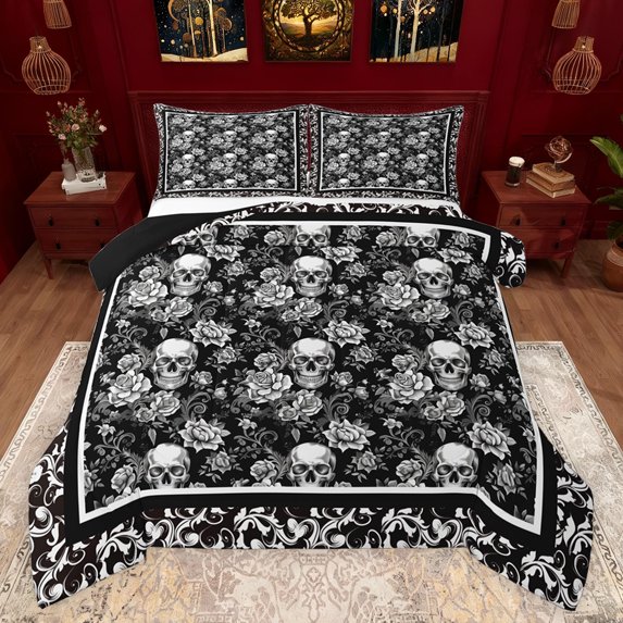 Feelyou Romantic Skull Queen Comforter Set for Women, Gothic Damask Flower Bedding Sets, Western Old Fashion Reversible Bedding Comforter Set, Lightweight Room Decor, 3pcs