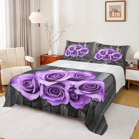 Feelyou Romantic Valentine's Day Bed Sheets, Rose Flower Purple King Sheets, Rustic Lodge Cabin Sheet Set, Microfiber Bedroom Decor, 4pcs